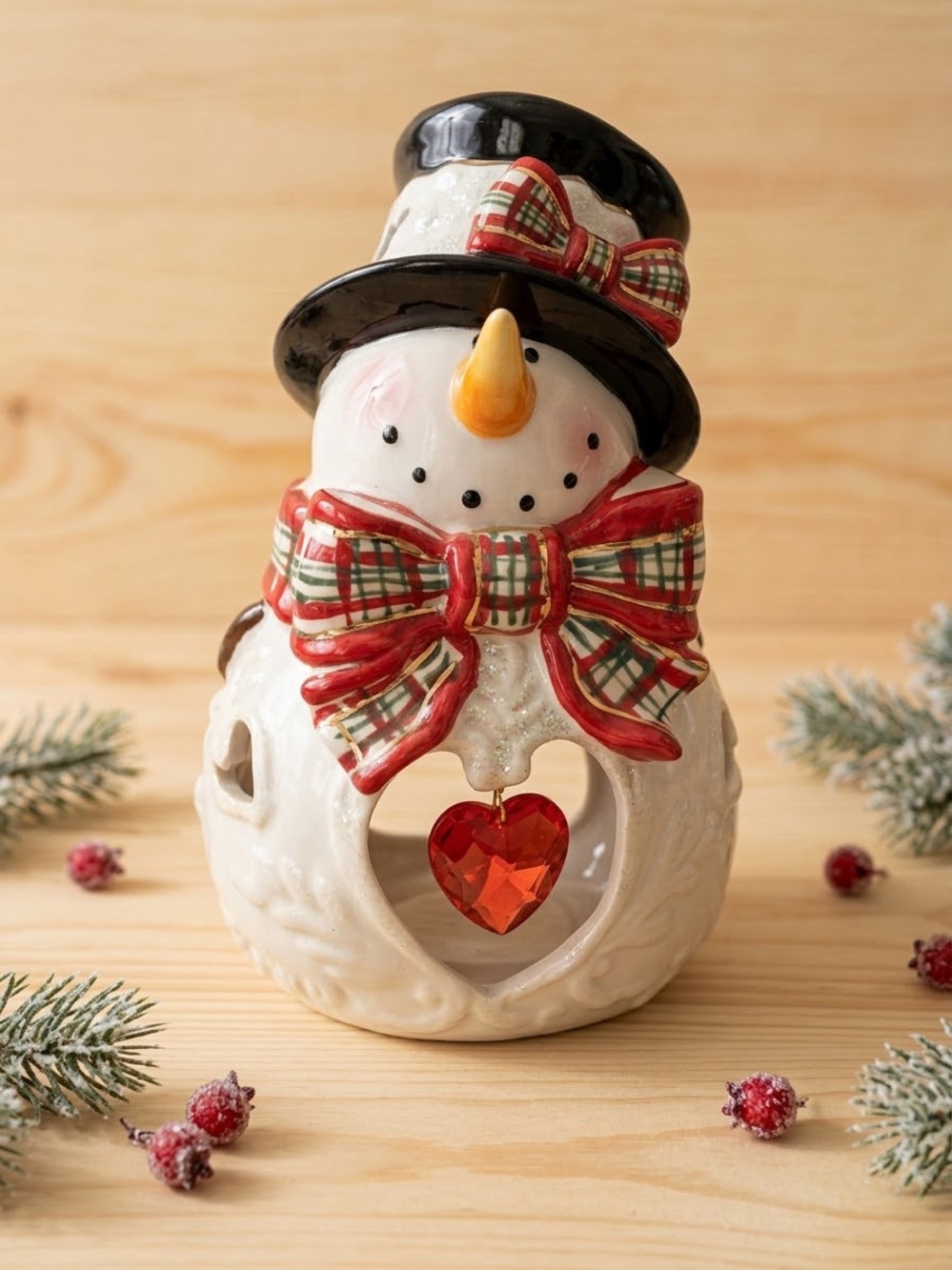 Blue Sky Heather Goldminc Christmas Snowman Tea Light Candle Holder Glazed
